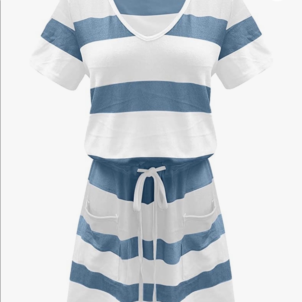 Drawstring Stripes Pocket Dresses/Jumpsuit, V-Neck Swing Sling Strap Dress